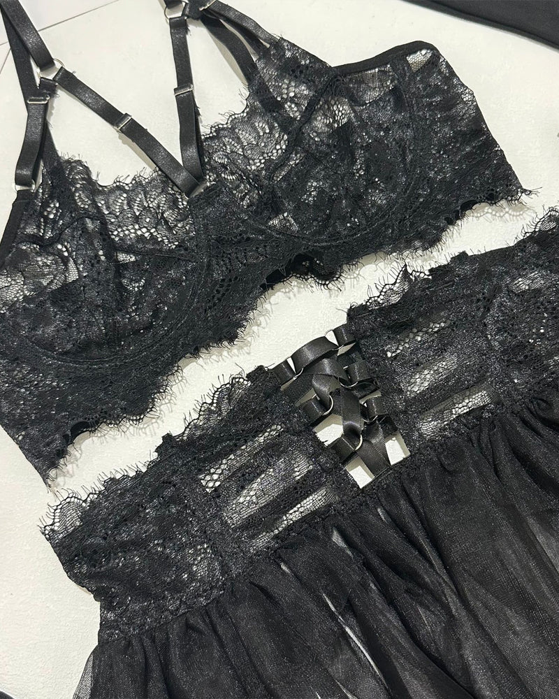 Lace See-Through Mesh Tulle Skirt Six-Piece Set