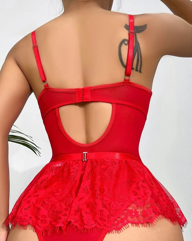 Lace Heart-shaped Decorated Suspender Nightdress Garter Fishnet Stockings Set