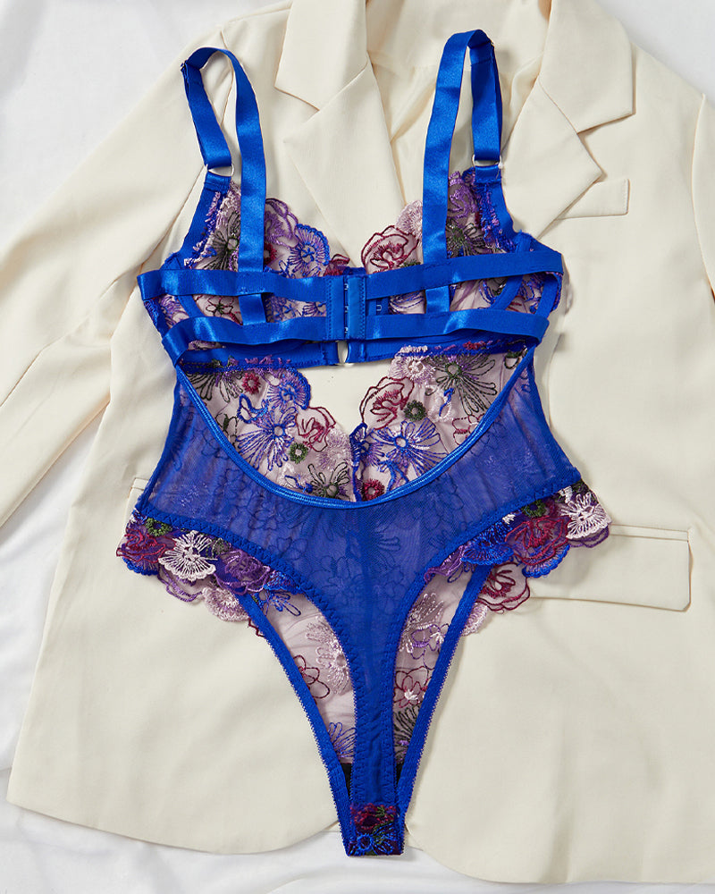 Colorful Flower Embroidery Lace Underwire Gathered Mesh Bodysuit
