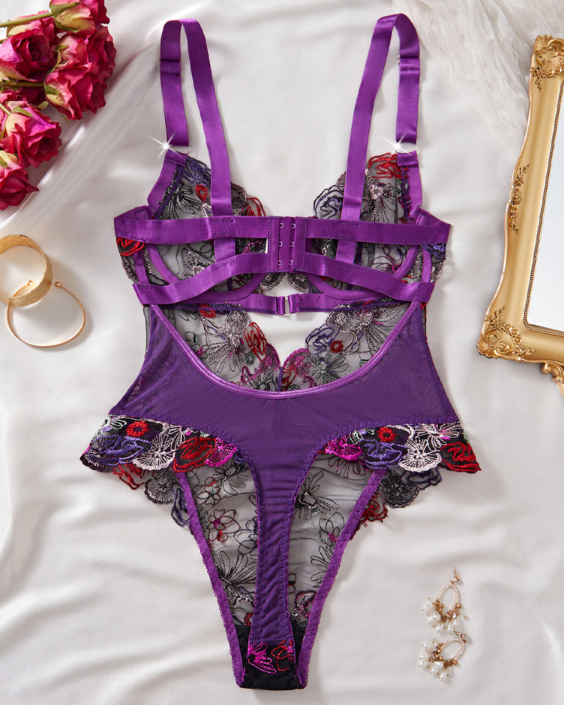 Colorful Flower Embroidery Lace Underwire Gathered Mesh Bodysuit