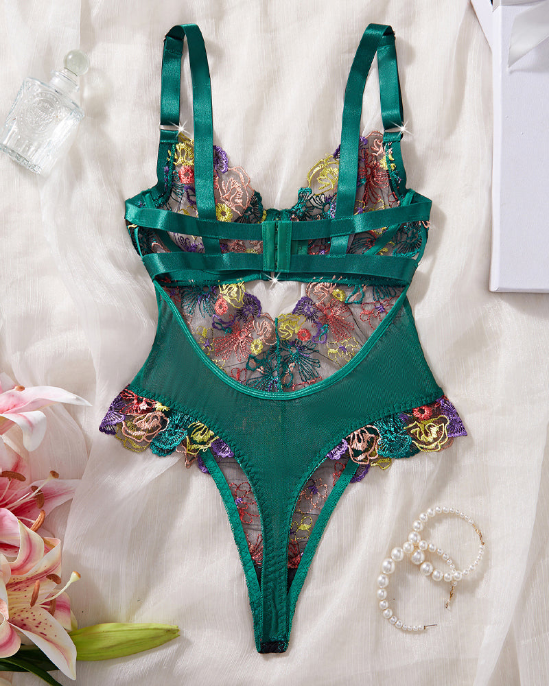 Colorful Flower Embroidery Lace Underwire Gathered Mesh Bodysuit