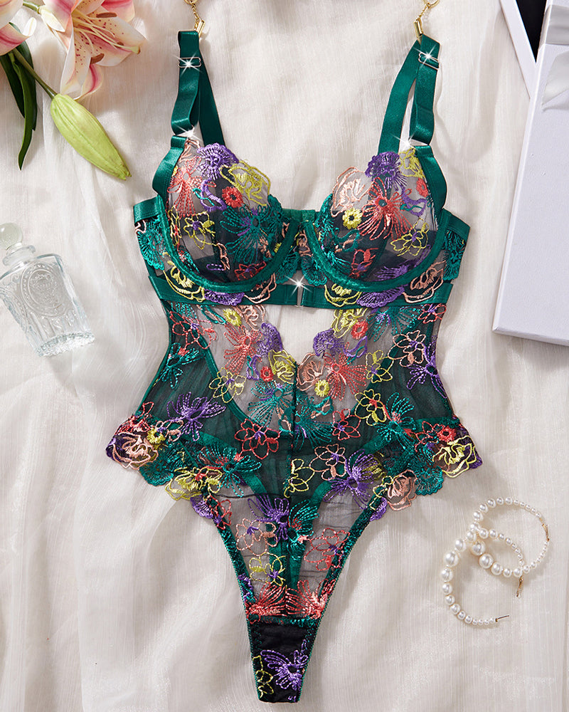 Colorful Flower Embroidery Lace Underwire Gathered Mesh Bodysuit