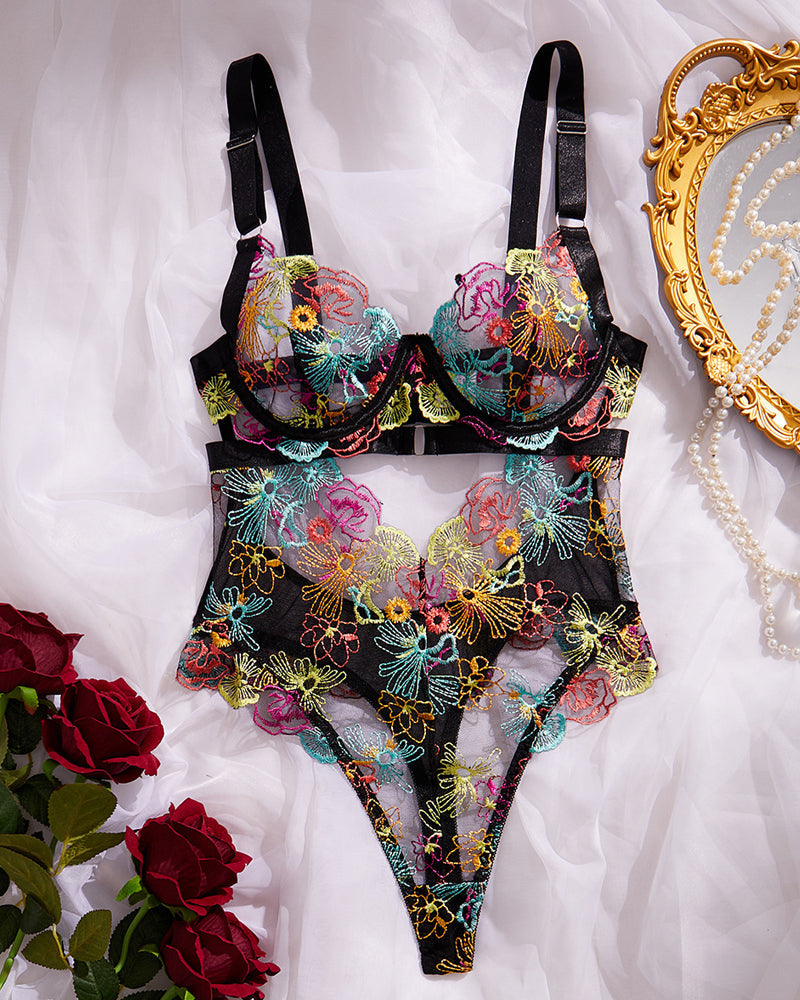 Colorful Flower Embroidery Lace Underwire Gathered Mesh Bodysuit