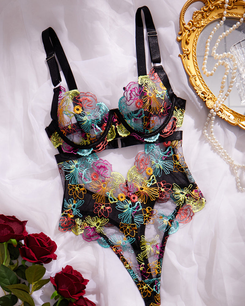 Colorful Flower Embroidery Lace Underwire Gathered Mesh Bodysuit