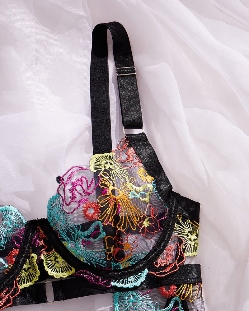 Colorful Flower Embroidery Lace Underwire Gathered Mesh Bodysuit