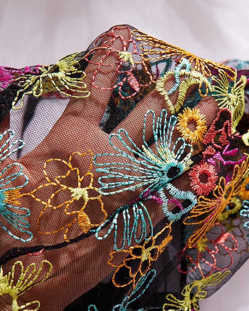 Colorful Flower Embroidery Lace Underwire Gathered Mesh Bodysuit