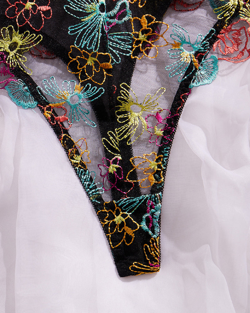 Colorful Flower Embroidery Lace Underwire Gathered Mesh Bodysuit