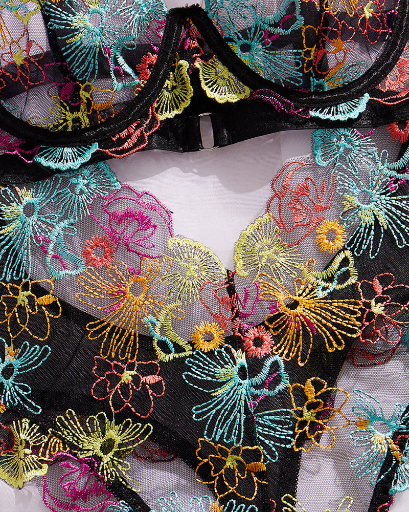 Colorful Flower Embroidery Lace Underwire Gathered Mesh Bodysuit