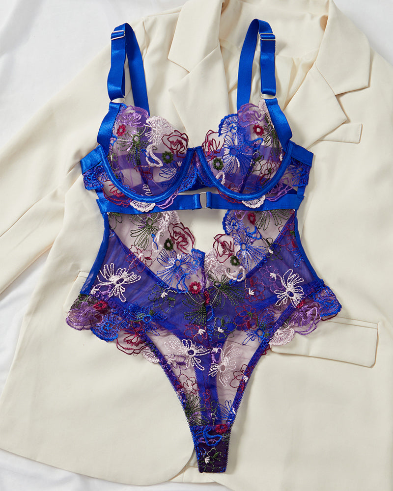 Colorful Flower Embroidery Lace Underwire Gathered Mesh Bodysuit