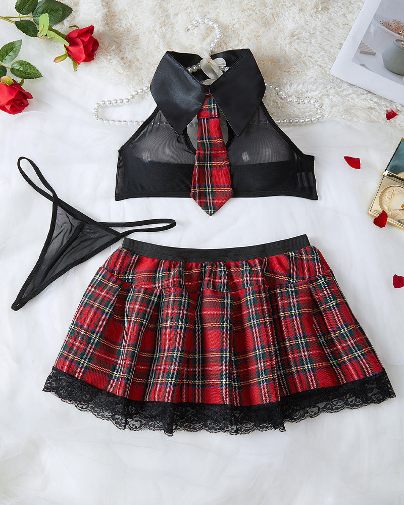 College Style Cosplay Halter Neck Backless Top and Plaid Skirt Set