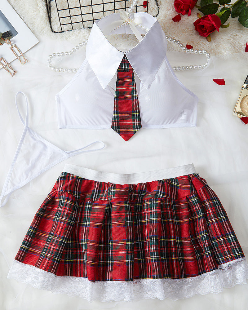 College Style Cosplay Halter Neck Backless Top and Plaid Skirt Set