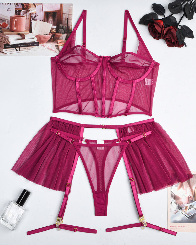 Mesh See-Through Pajamas Three-Piece Set