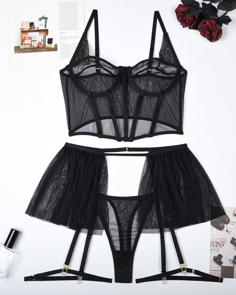 Mesh See-Through Pajamas Three-Piece Set