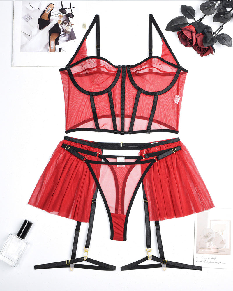Mesh See-Through Pajamas Three-Piece Set