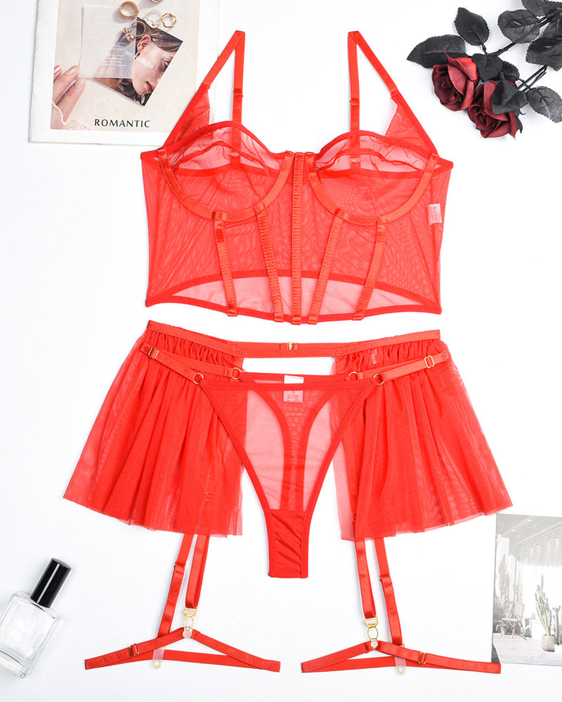 Mesh See-Through Pajamas Three-Piece Set