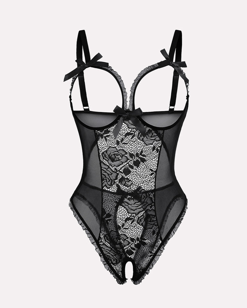Flower Lace Mesh Stitching Chest Hollow Open Crotch One-Piece Pajamas