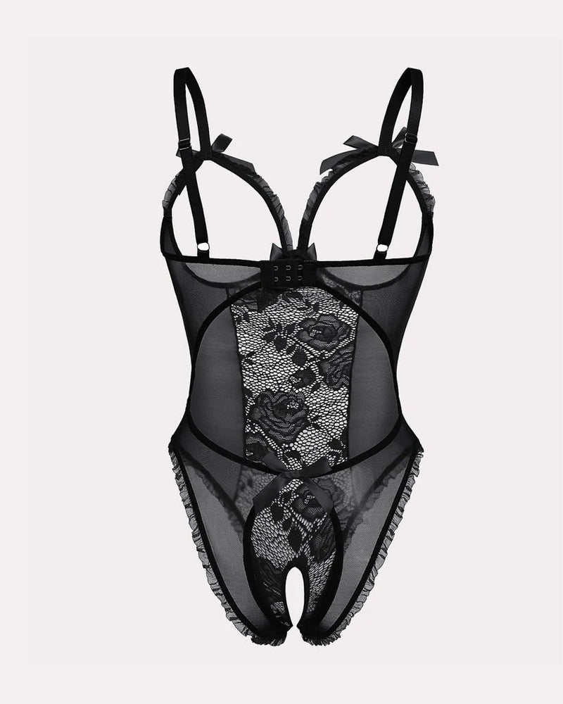 Flower Lace Mesh Stitching Chest Hollow Open Crotch One-Piece Pajamas