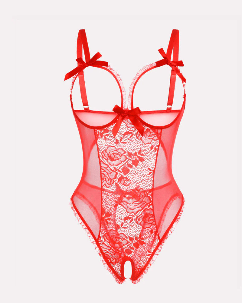 Flower Lace Mesh Stitching Chest Hollow Open Crotch One-Piece Pajamas