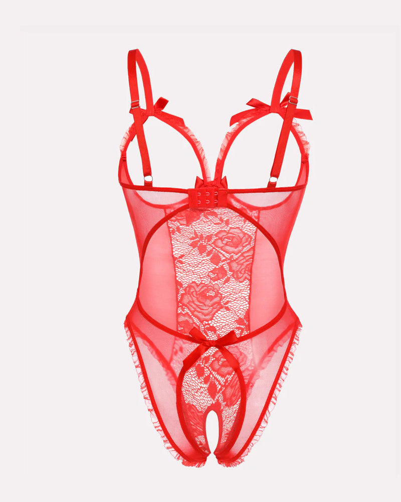 Flower Lace Mesh Stitching Chest Hollow Open Crotch One-Piece Pajamas