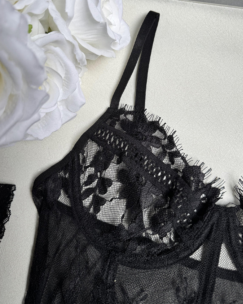 Lace Stitching Suspender Pajamas Set