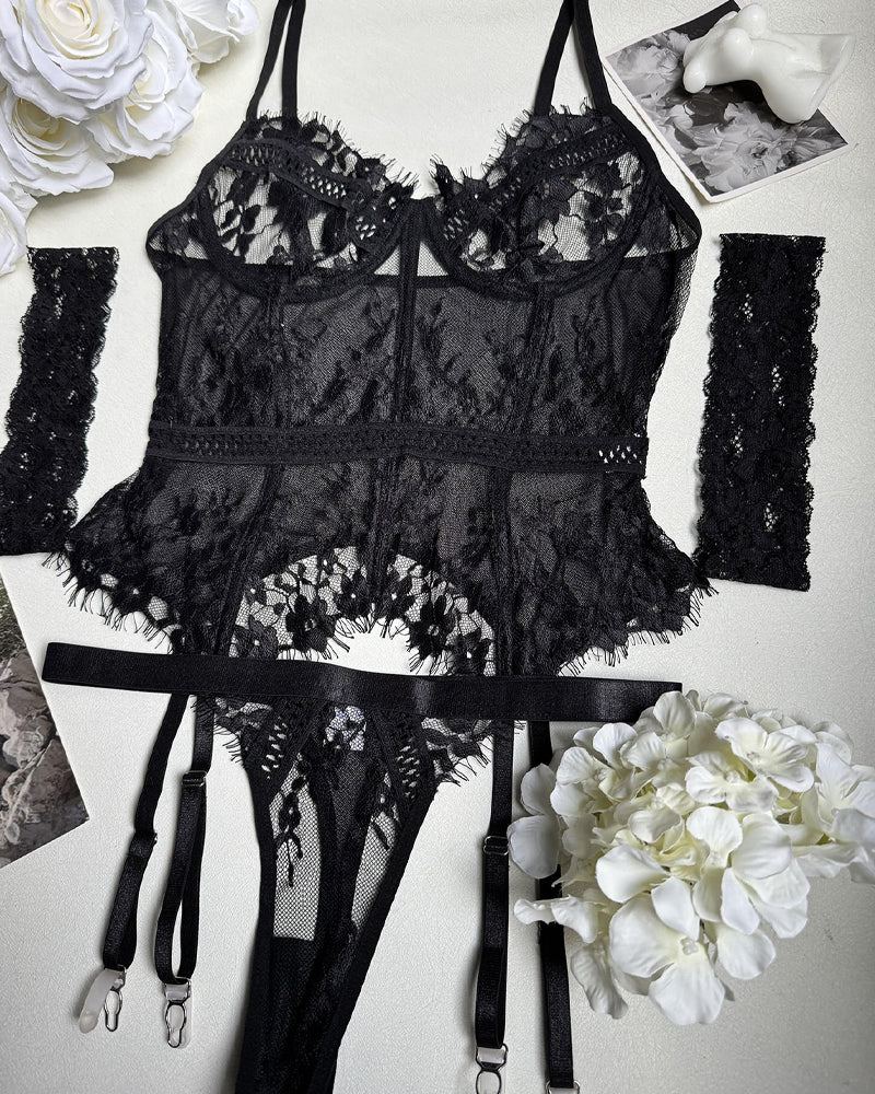 Lace Stitching Suspender Pajamas Set