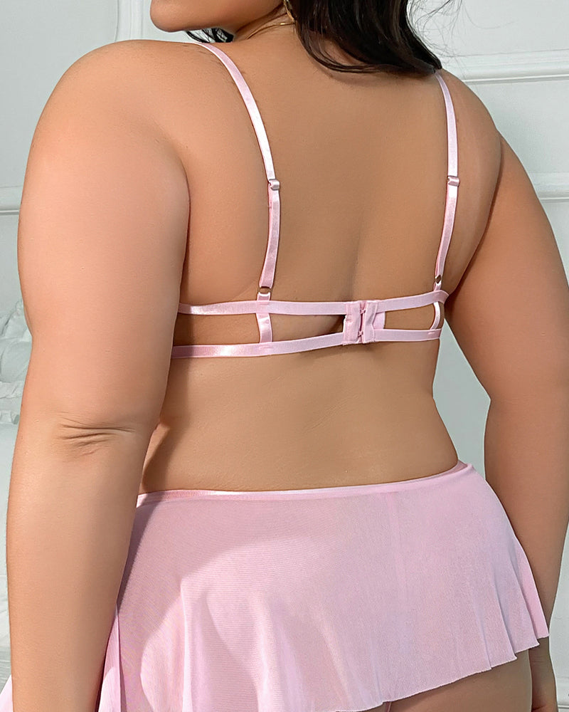 Large Size Flower Hollow Chest Mesh See-through Pajama Set