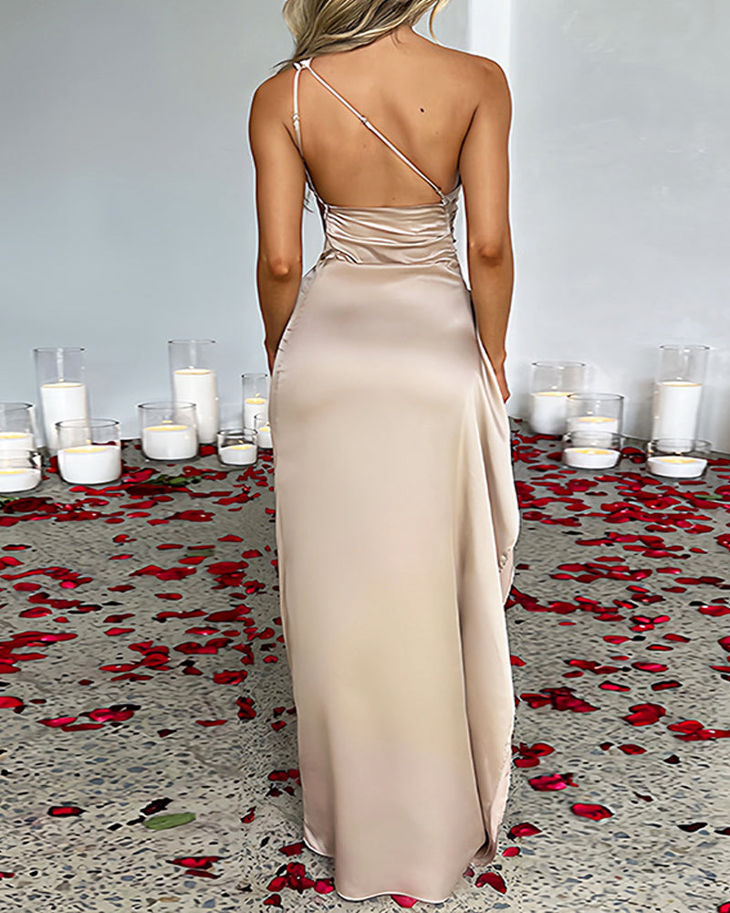 Women's One Shoulder Satin High Slit Cocktail Wedding Party Long Dress