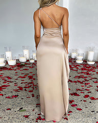 Women's One Shoulder Satin High Slit Cocktail Wedding Party Long Dress