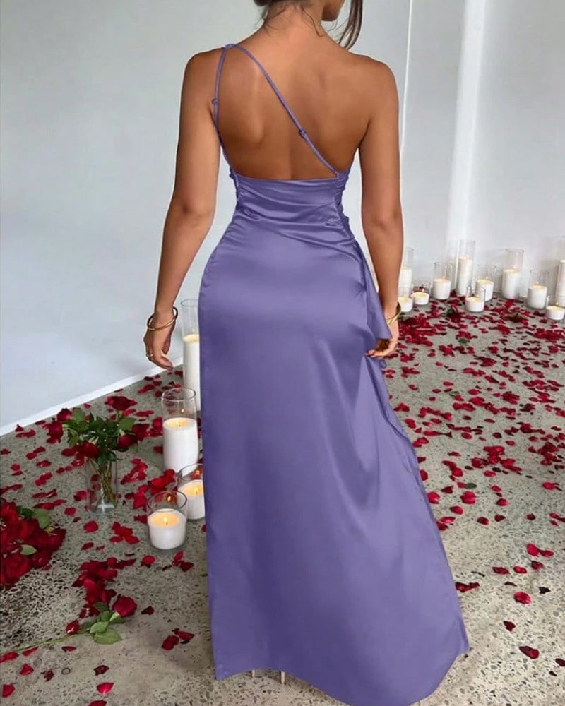 Women's One Shoulder Satin High Slit Cocktail Wedding Party Long Dress