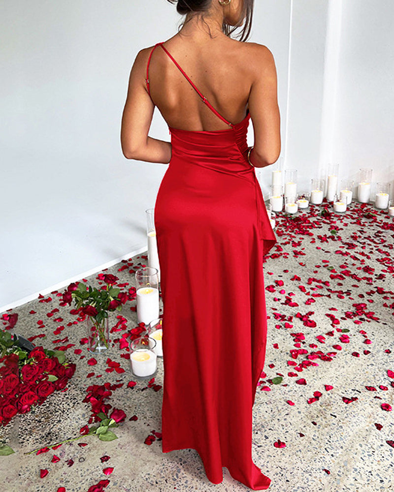 Women's One Shoulder Satin High Slit Cocktail Wedding Party Long Dress