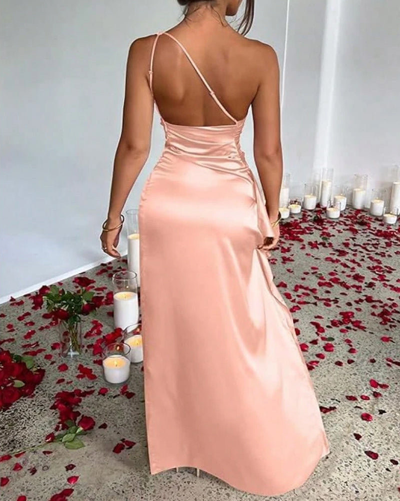 Women's One Shoulder Satin High Slit Cocktail Wedding Party Long Dress