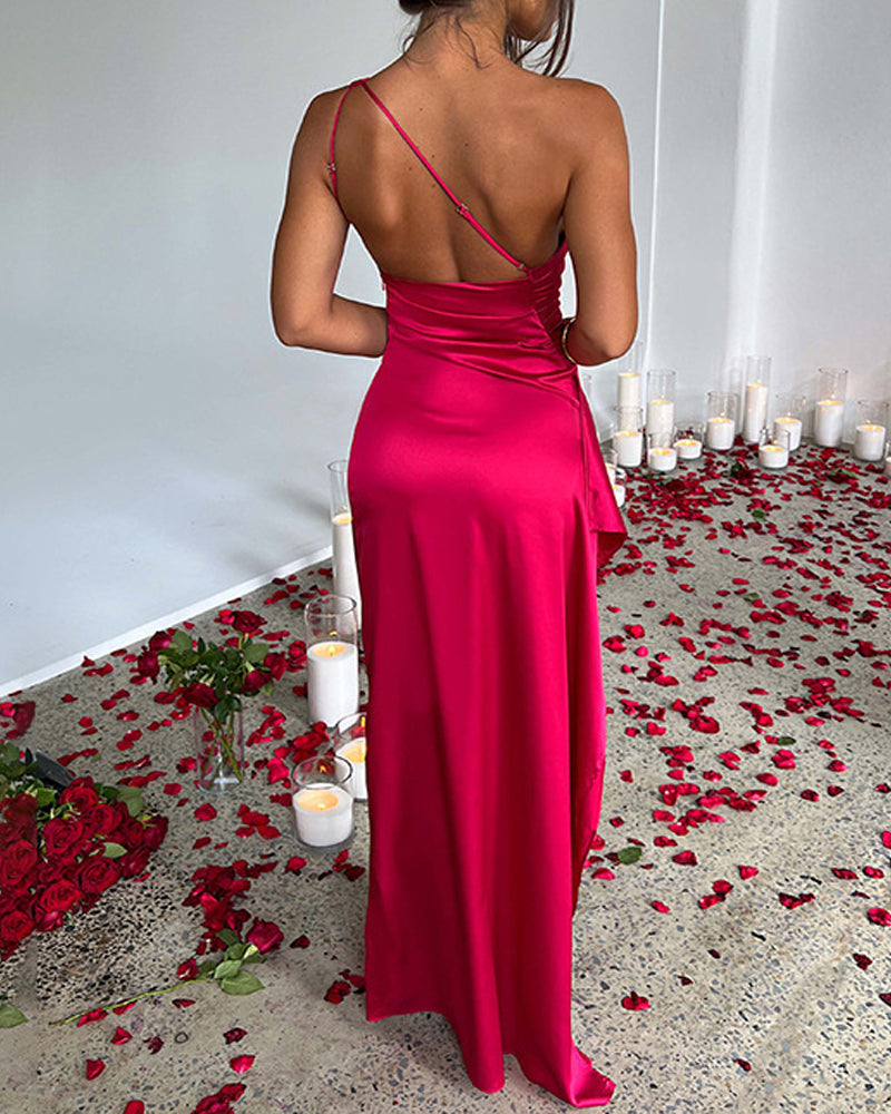 Women's One Shoulder Satin High Slit Cocktail Wedding Party Long Dress