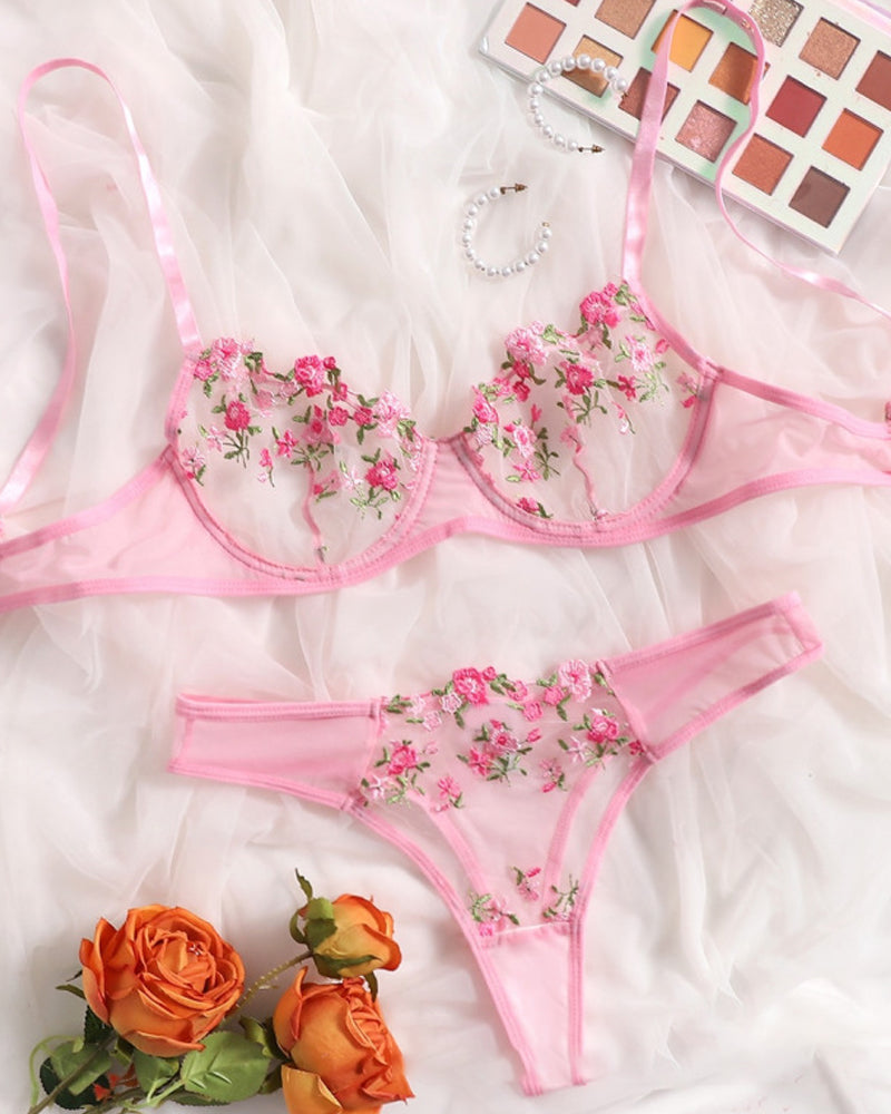 Women's Lace Flower Underwire Bra Set