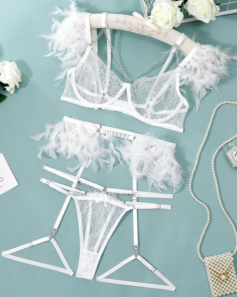Lace Metal Chain Feather Embellished Pajama Set