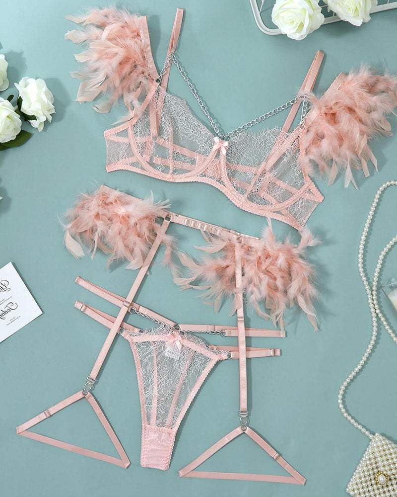 Lace Metal Chain Feather Embellished Pajama Set