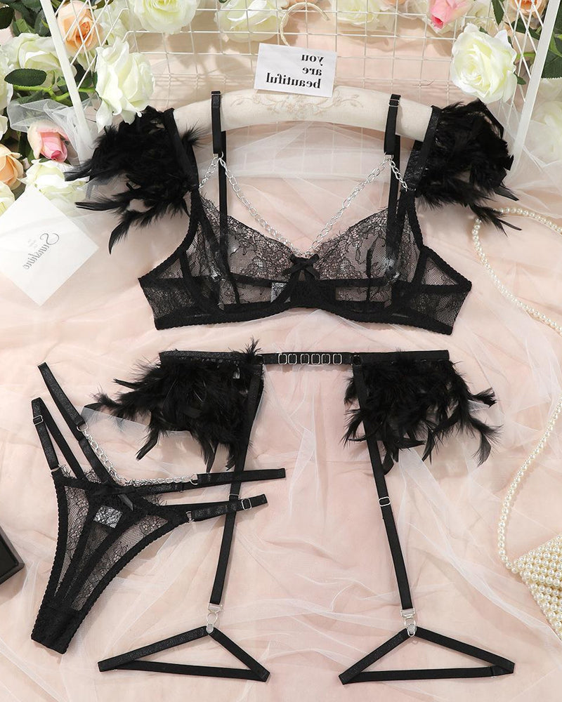 Lace Metal Chain Feather Embellished Pajama Set
