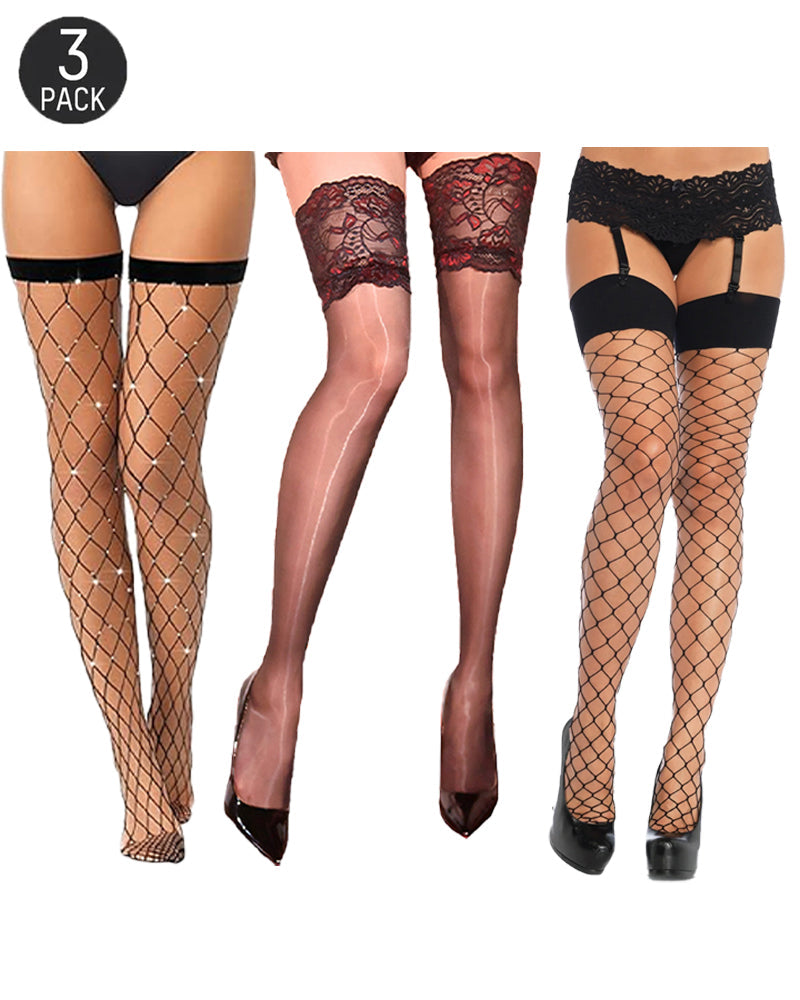 3-Pack Diamond Lace Stockings