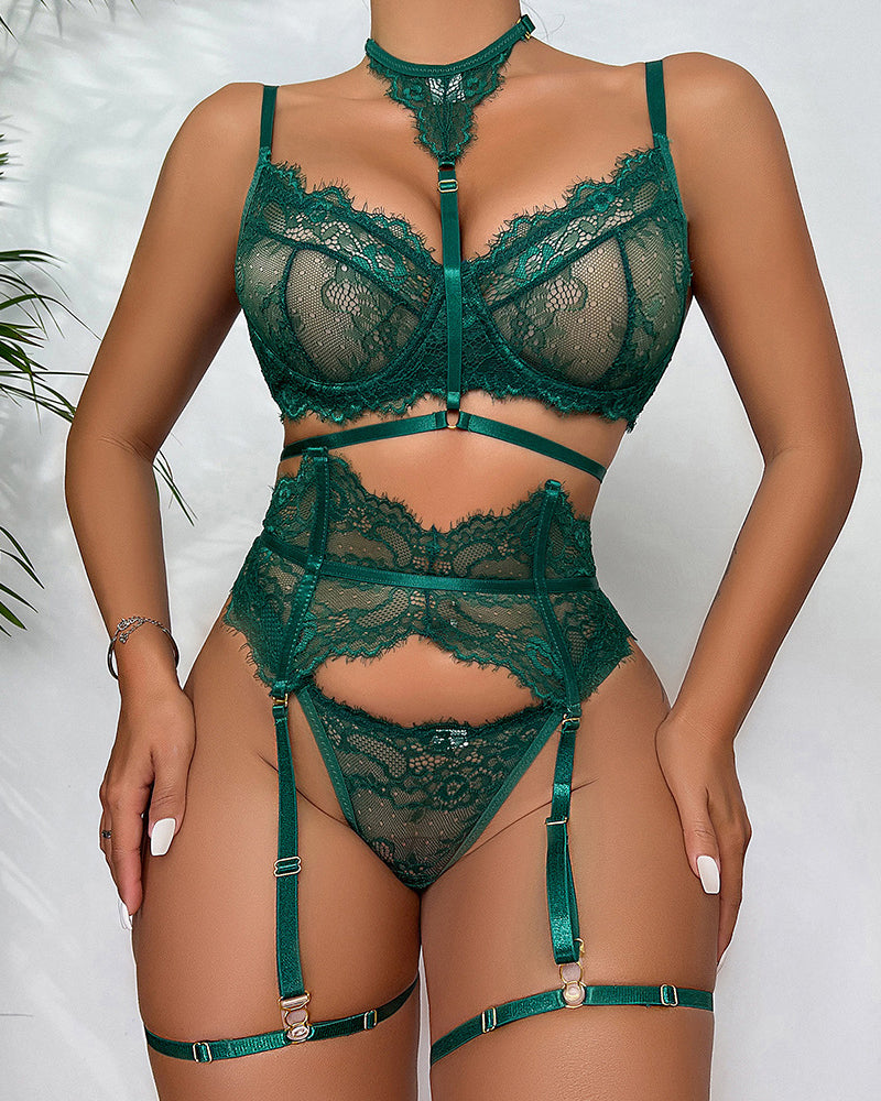 Halterneck Lace Push-Up Bra Pajamas Set
