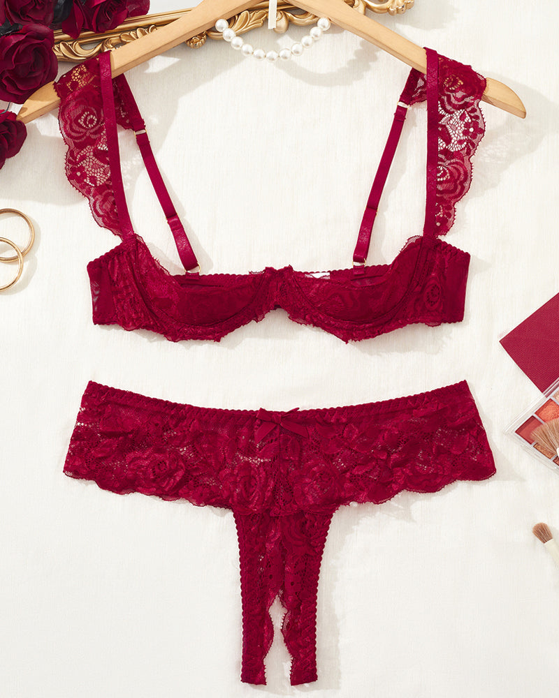 Lace Mesh Open Crotch Hollow Bra Underwear Set