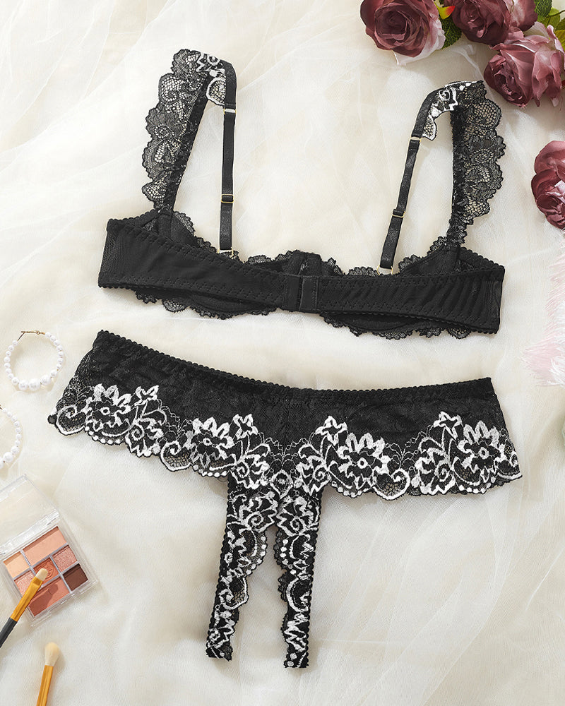 Lace Mesh Open Crotch Hollow Bra Underwear Set