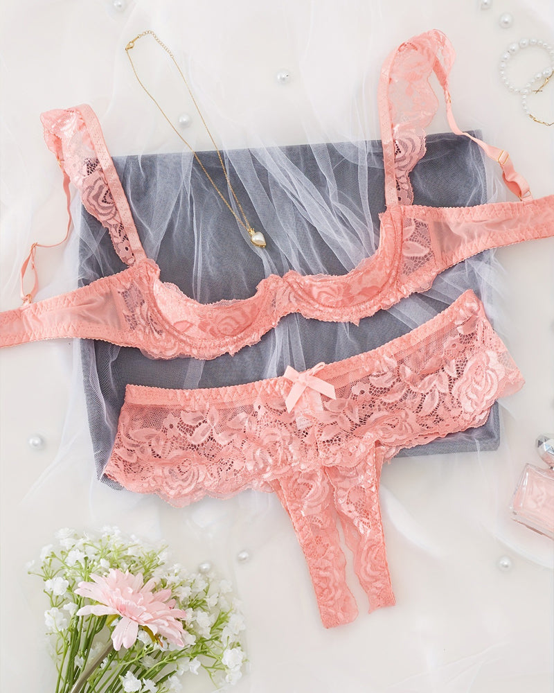 Lace Mesh Open Crotch Hollow Bra Underwear Set