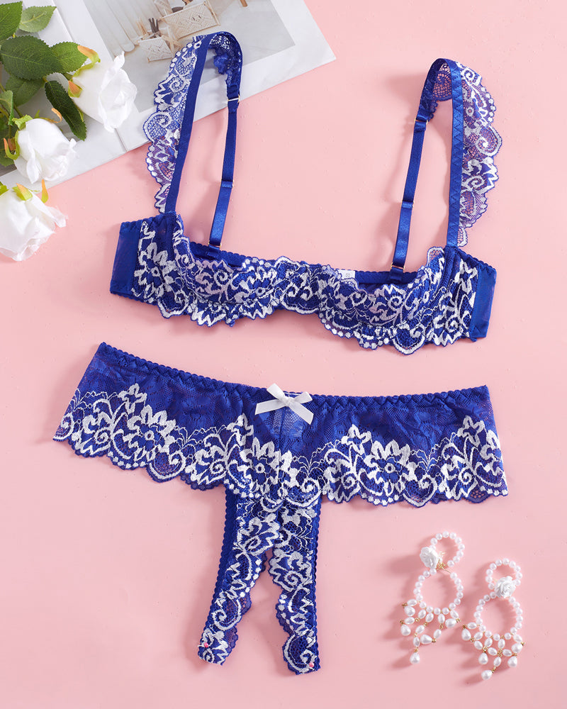 Lace Mesh Open Crotch Hollow Bra Underwear Set