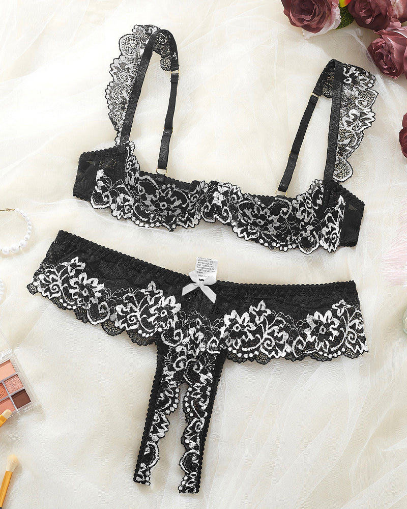 Lace Mesh Open Crotch Hollow Bra Underwear Set