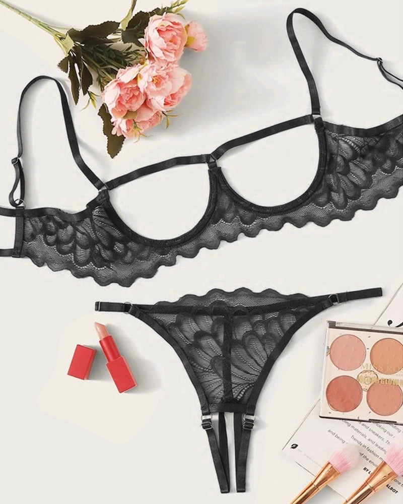 Lace Hollow Anti-Sagging Bra and Crotchless Thong Set