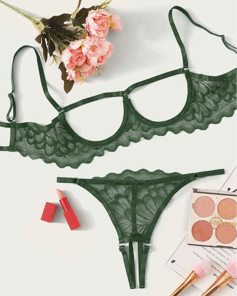 Lace Hollow Anti-Sagging Bra and Crotchless Thong Set