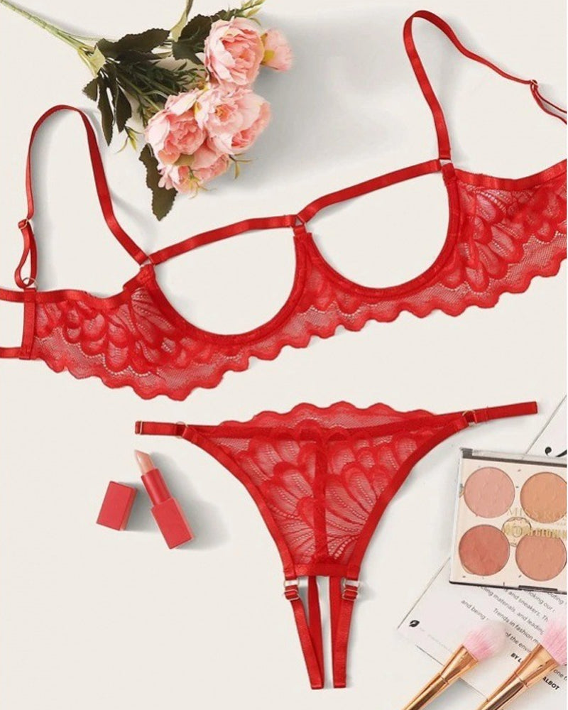Lace Hollow Anti-Sagging Bra and Crotchless Thong Set