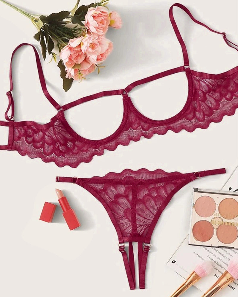 Lace Hollow Anti-Sagging Bra and Crotchless Thong Set