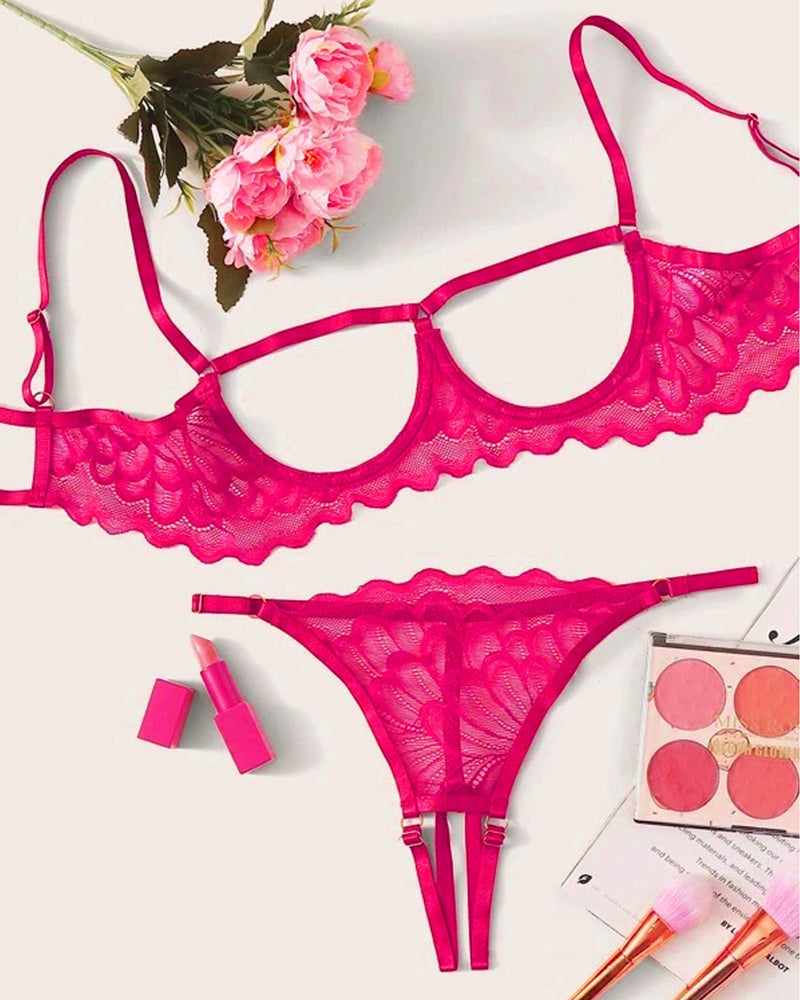 Lace Hollow Anti-Sagging Bra and Crotchless Thong Set