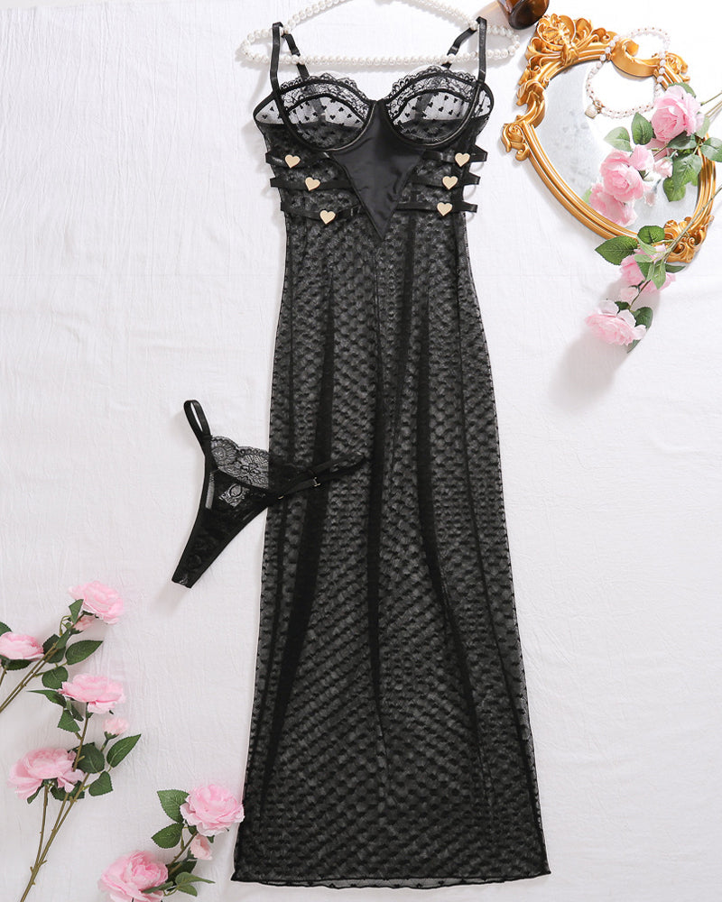 Lace Long See-Through Suspender Dress Set