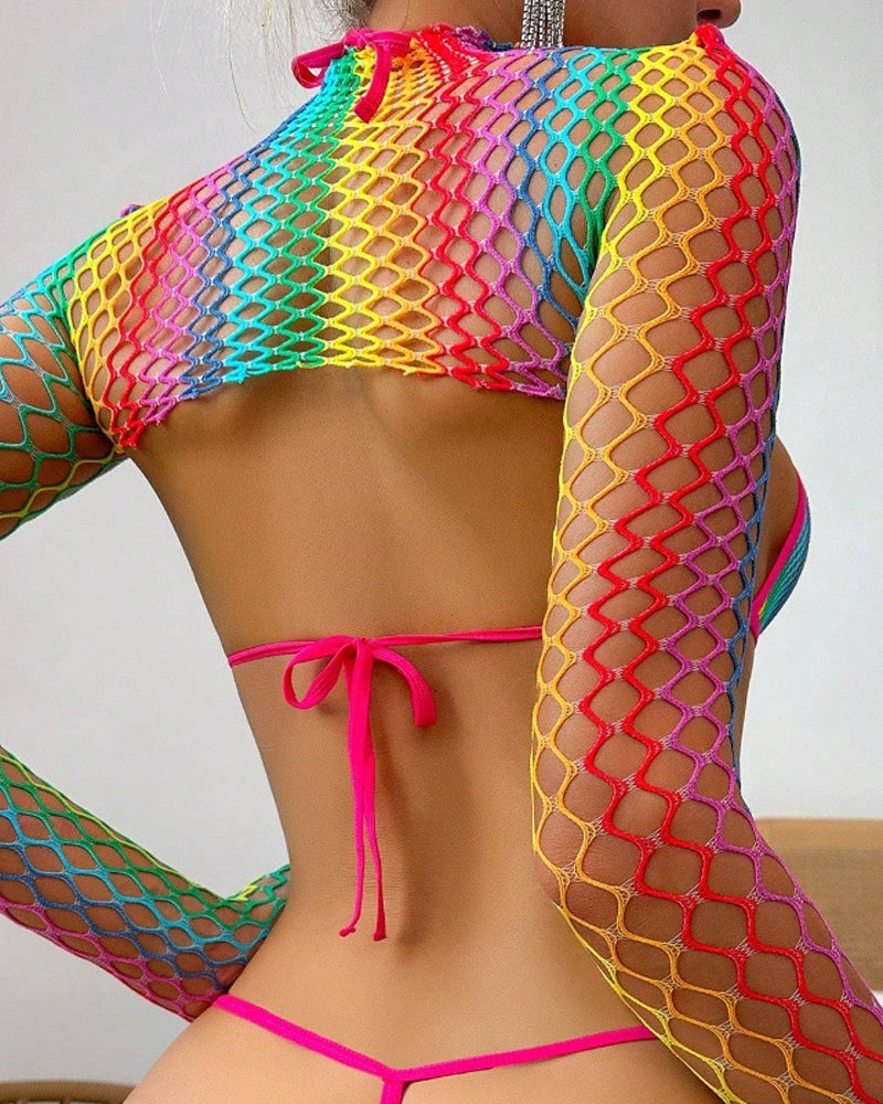 Rainbow Fishnet Long-Sleeved Transparent Backless Tight Set